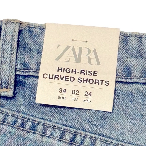 Zara Womens Blue Jean Denim High Rise Curved Shorts Size 2 Distressed Frayed Hem - Picture 6 of 9